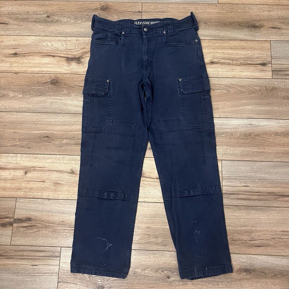 Duluth Trading Flex Fire Hose Pants Sz 38x34 Navy Blue Cargo Canvas Double Knee